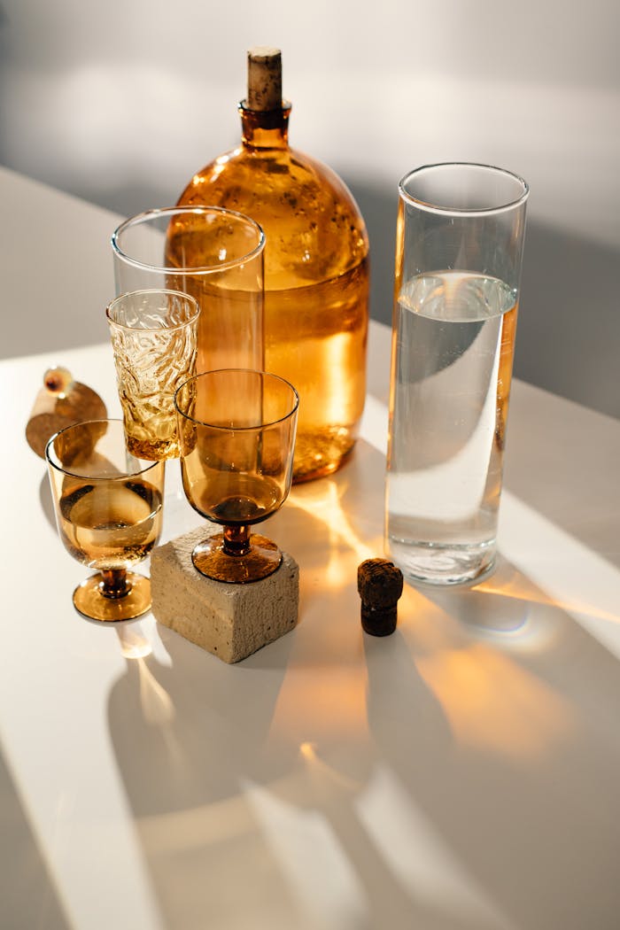 A stylish arrangement of amber and clear glassware, casting shadows on a white surface.